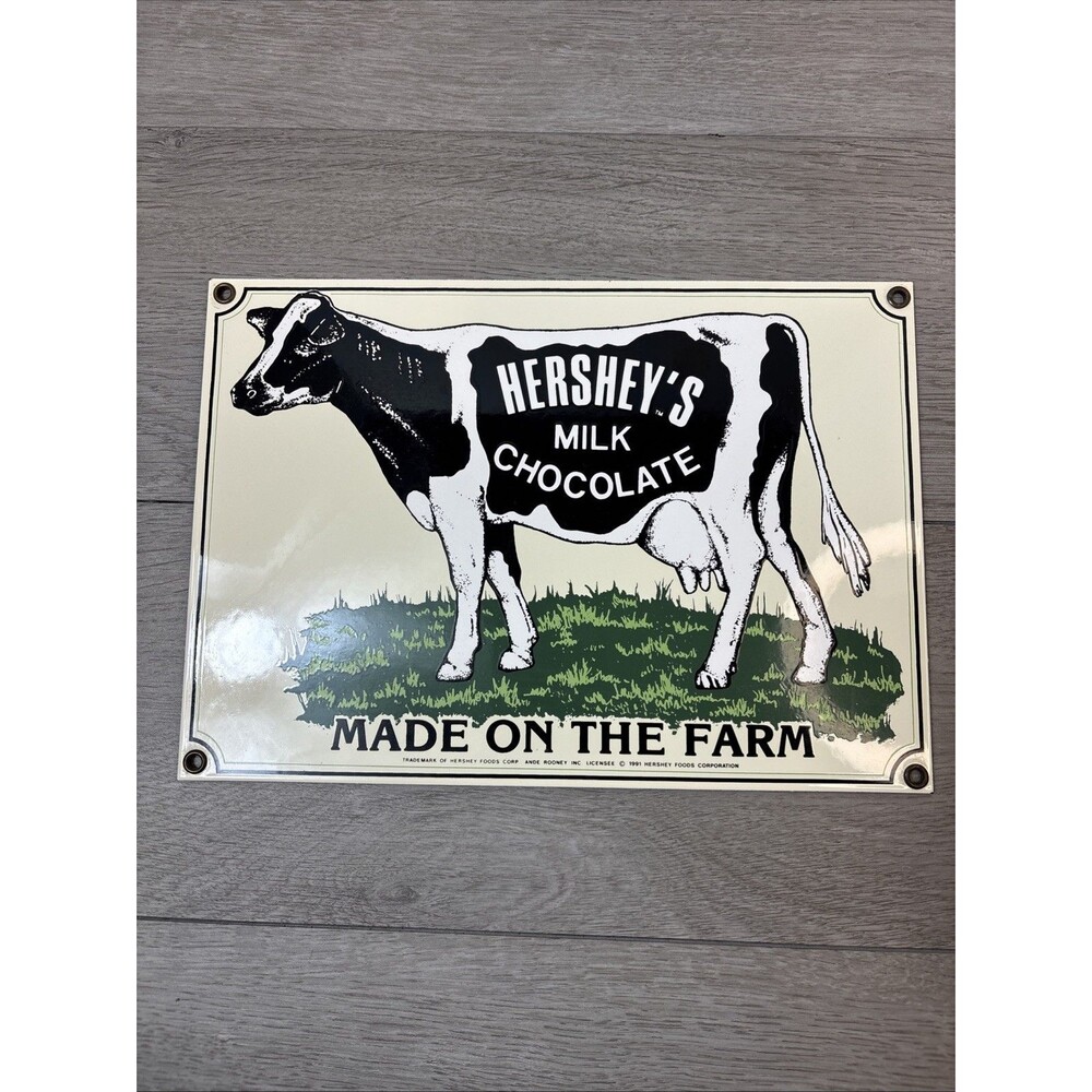 Vintage '91 Ande Rooney Hershey's Milk Chocolate Cow Porcelain Advertising Sign